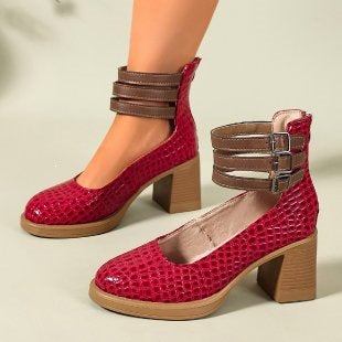 Burgundy textured platform ankle pumps with double strap buckles and chunky heel