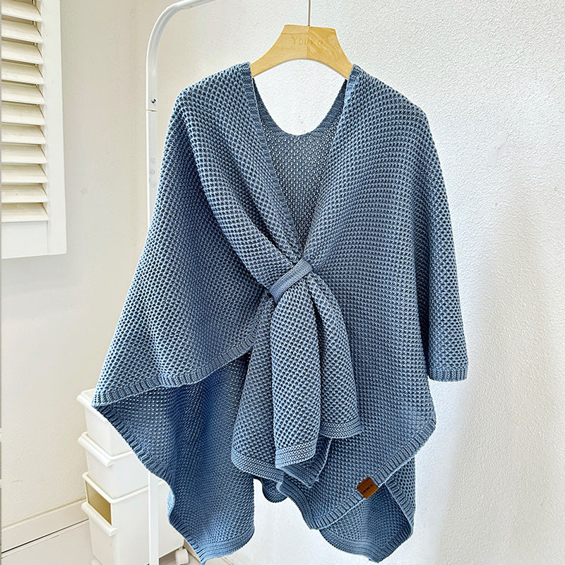 Poncho Shawl Wrap for Women — Open Weave Cape with Twist Front Detail in Soft Knit