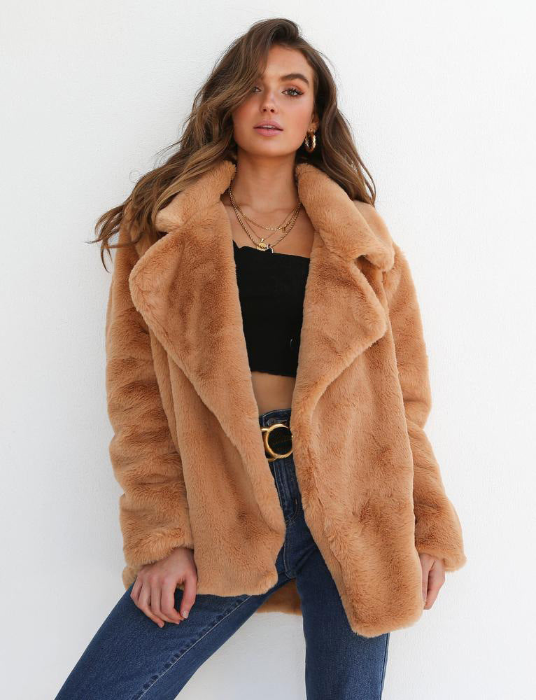 Tan faux fur coat with wide lapels, open front, and long sleeves