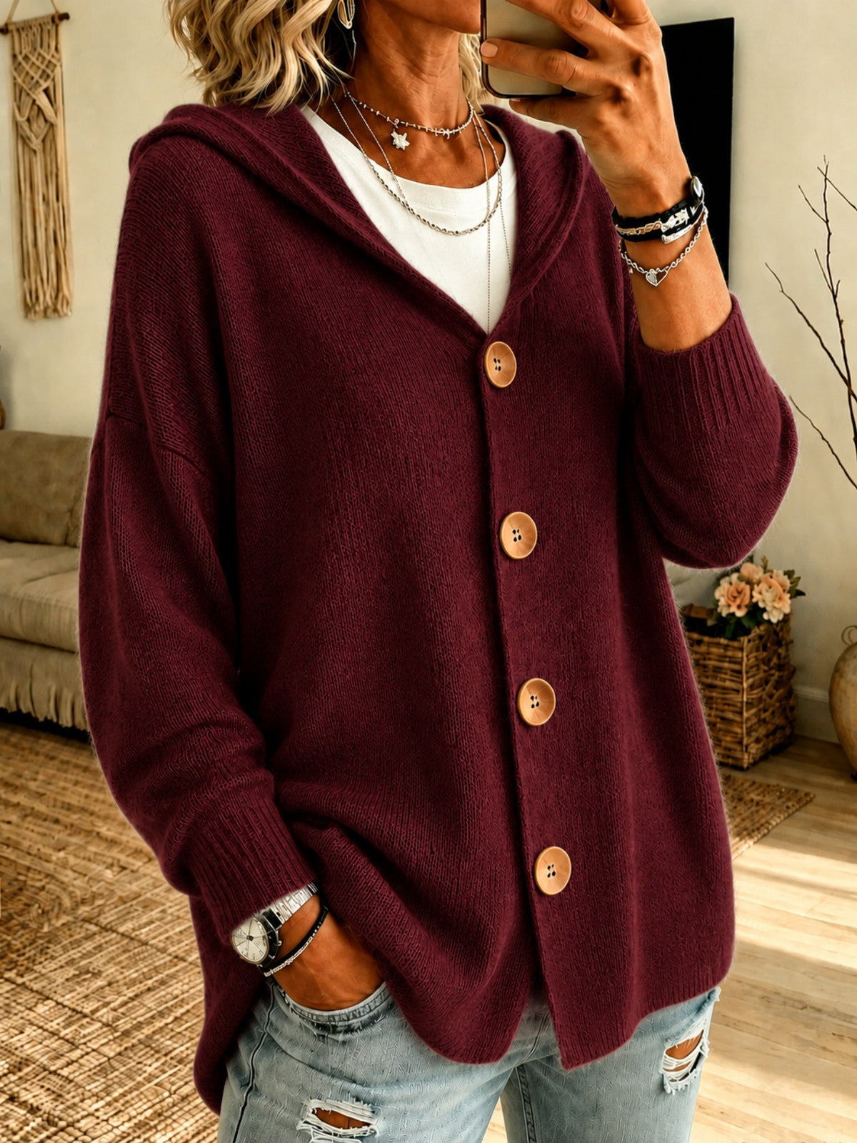 Hooded knitted button-down cardigan sweater in wine red, long sleeves