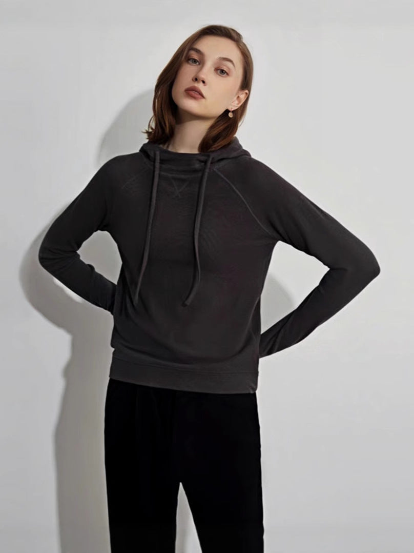 Dark gray velvet hoodie for women with drawstring hood and long sleeves