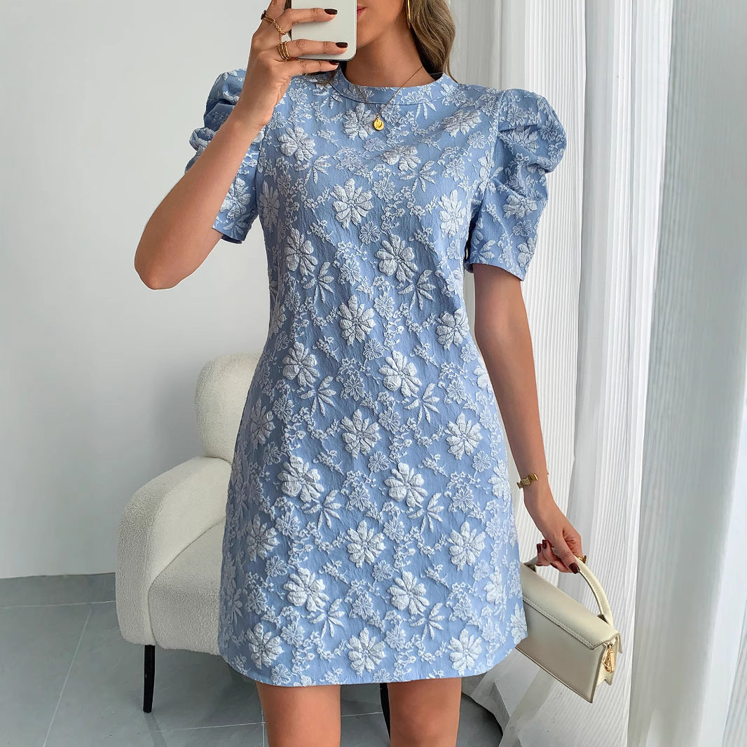 Floral Jacquard Mini Dress — Short Puff Sleeve A Line Shift for Weddings