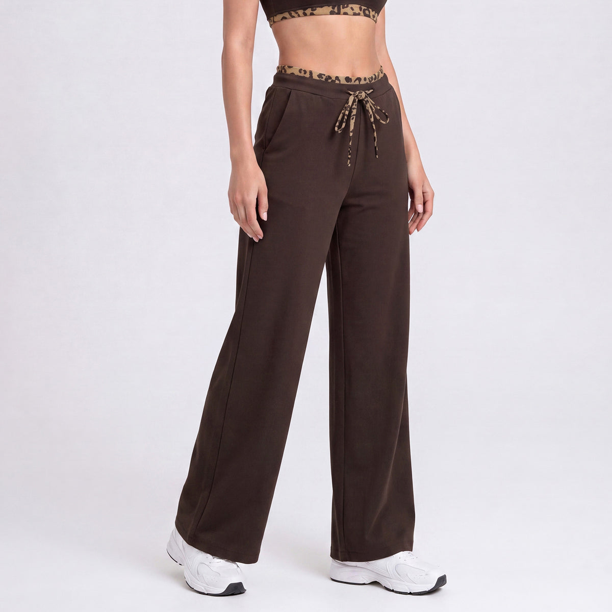 Women's straight-leg athletic pants, chocolate brown with leopard-trim drawstring waistband