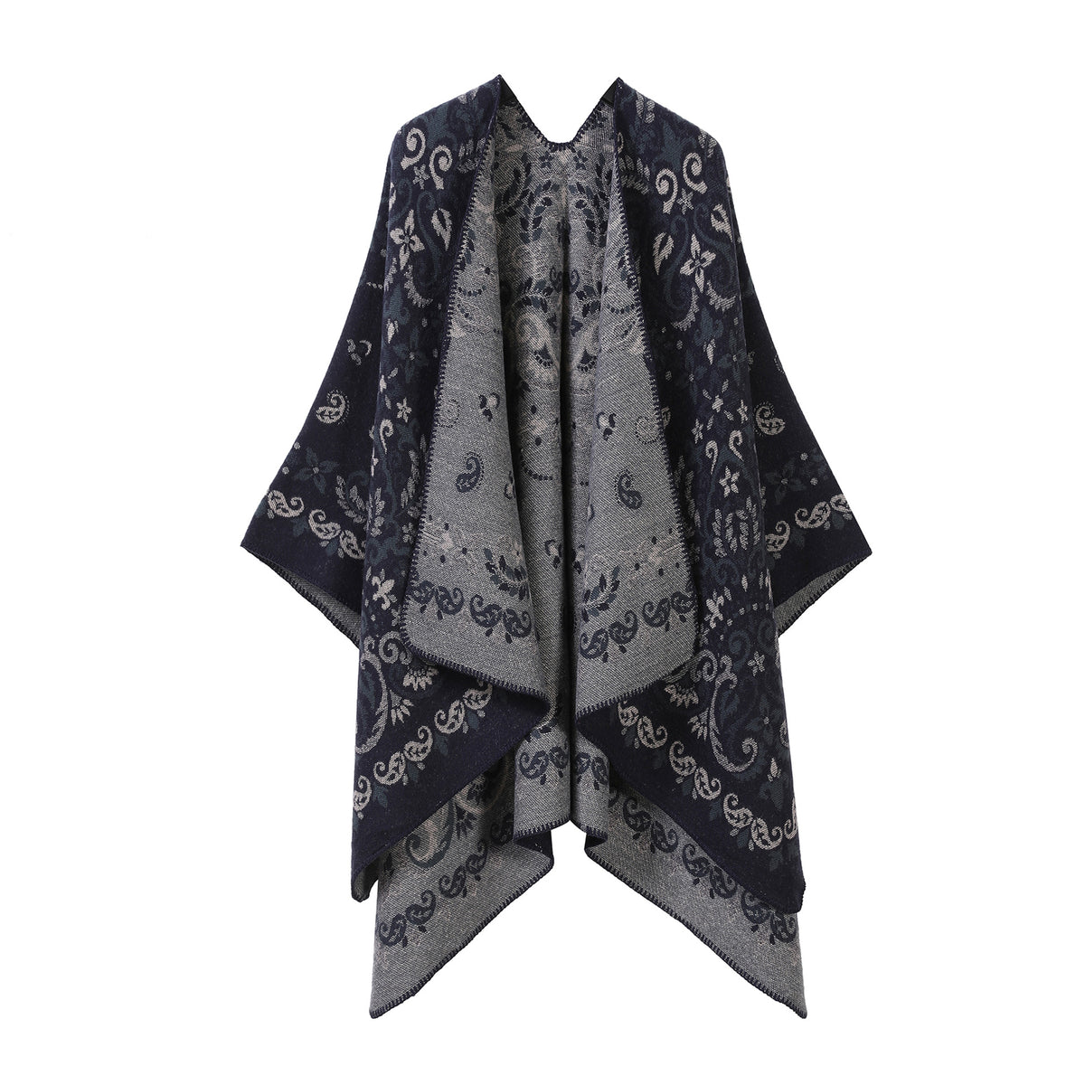 Women’s patterned split cape shawl in navy and gray with swirl band and border print