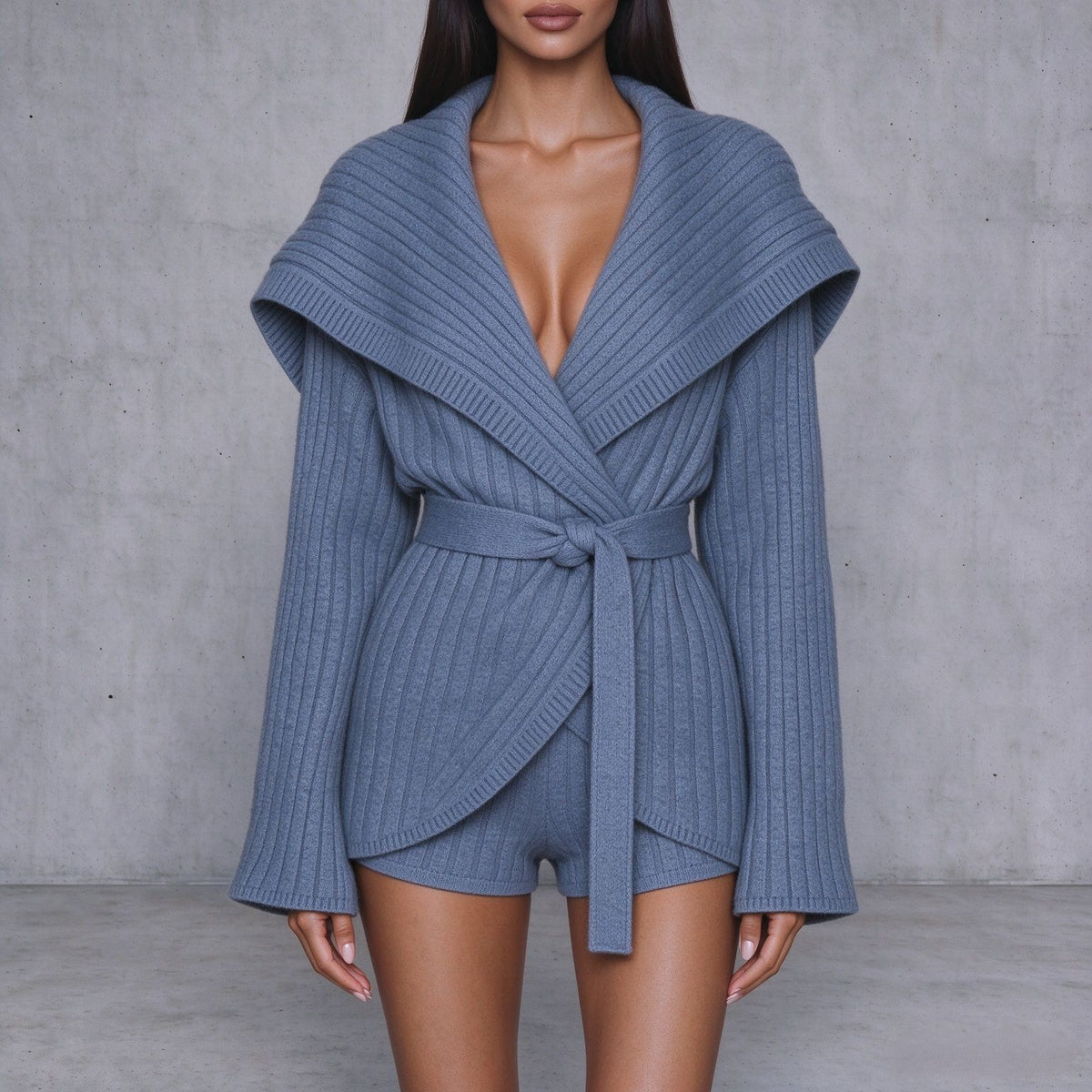 Light blue ribbed knit v-neck cardigan with belt tie and matching shorts