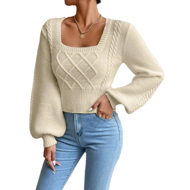 Women's cream square-neck cable knit sweater, ribbed cuffs and hem, long sleeves