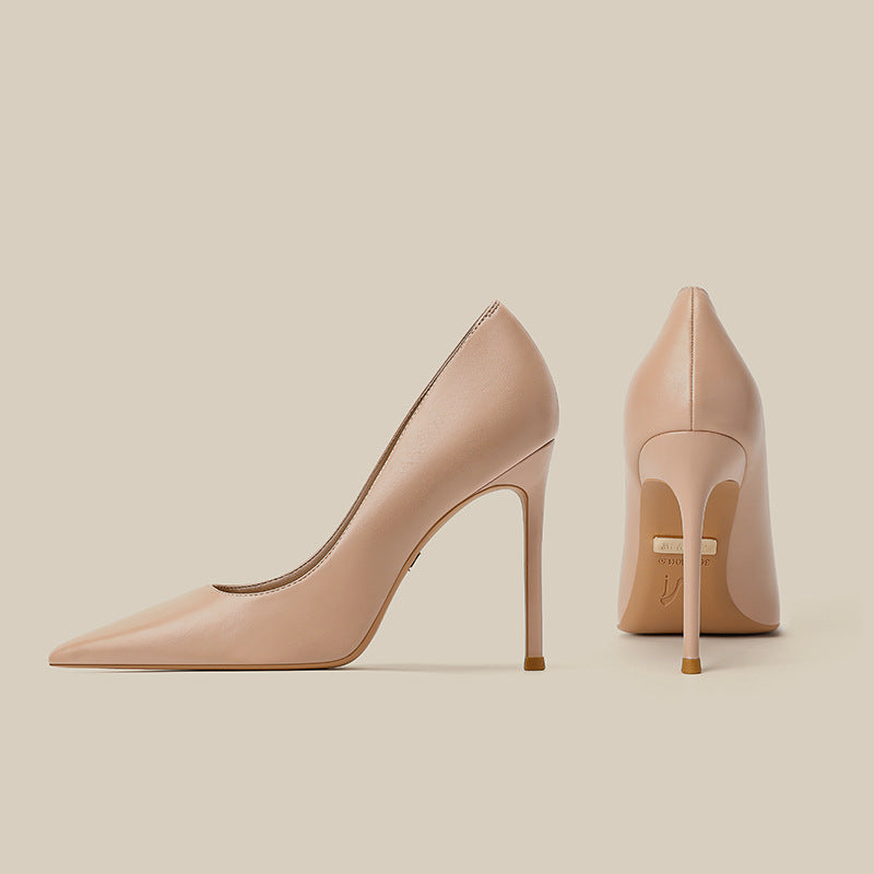 Women's light pink pointed-toe stiletto high heels, side and rear view