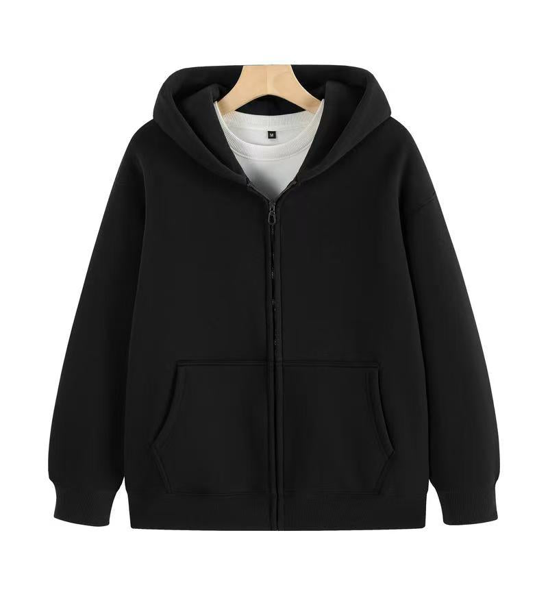 Black zip-up hooded sweatshirt with two front pockets, long sleeves