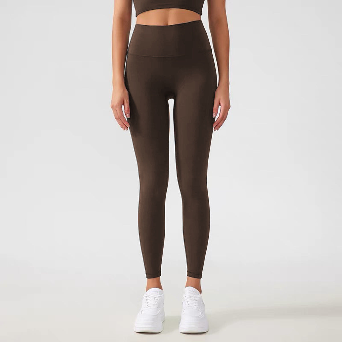 Women's dark brown high-waist tummy control running leggings, full-length skinny fit