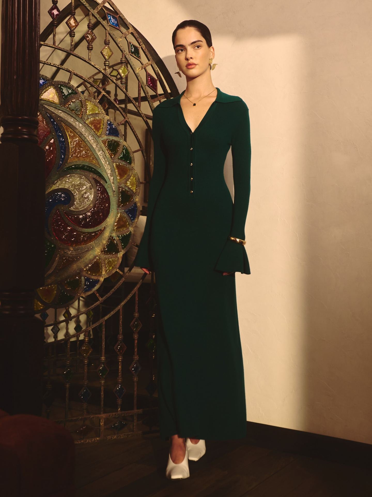 Knit Polo Maxi Dress — Bell Cuff Long Sleeves with Gold Button Placket in Merino Wool