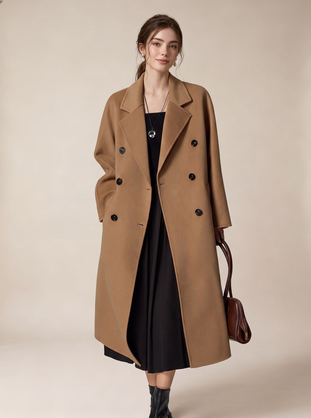 Long camel double-breasted wool coat with wide lapels
