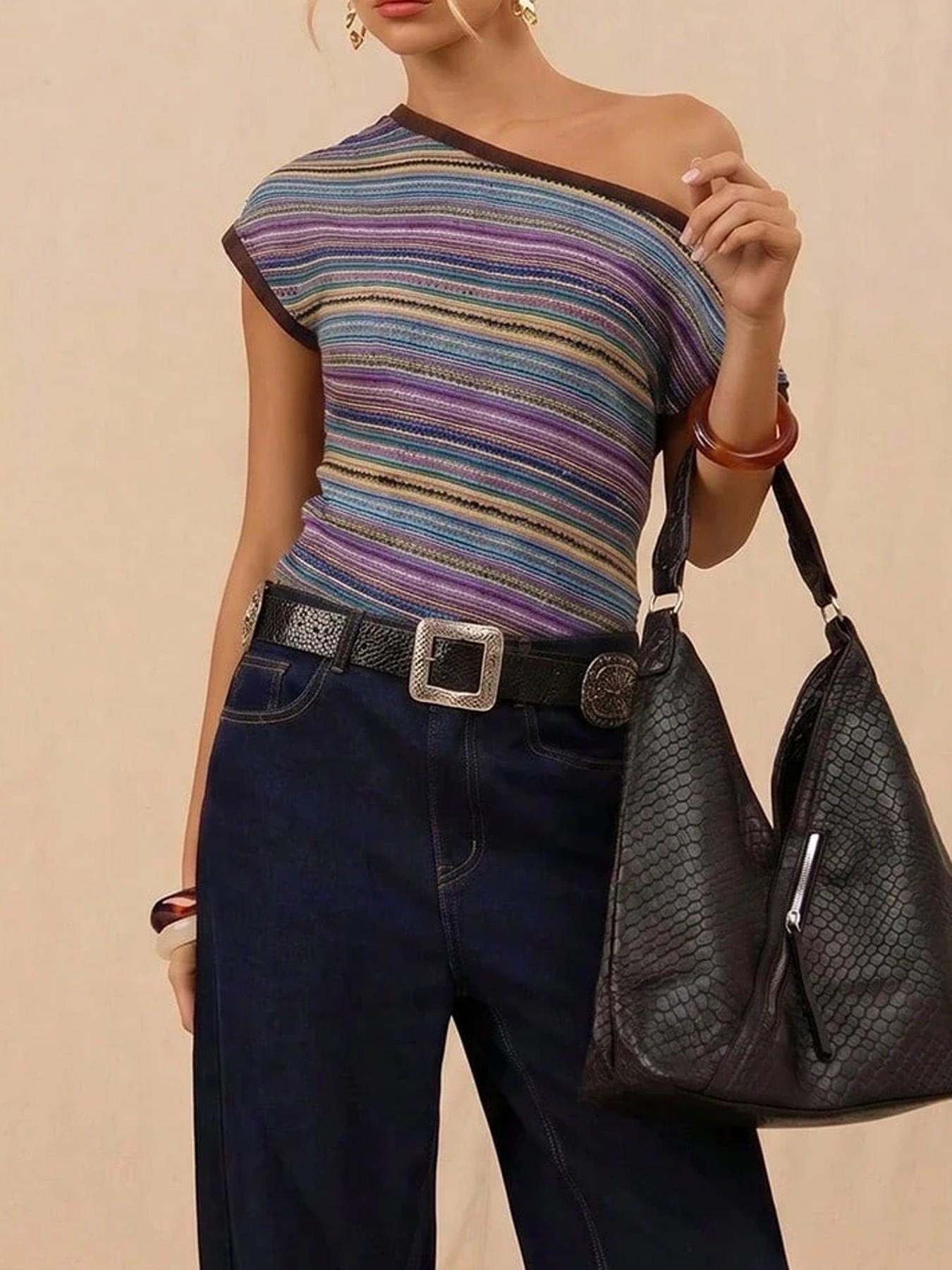 Asymmetric One Shoulder Knit Top — Striped Short Sleeve Style for Women in Viscose