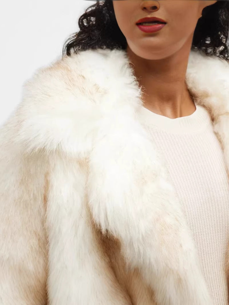 Women's cream faux fur jacket with pointed lapels, open front, long sleeves.