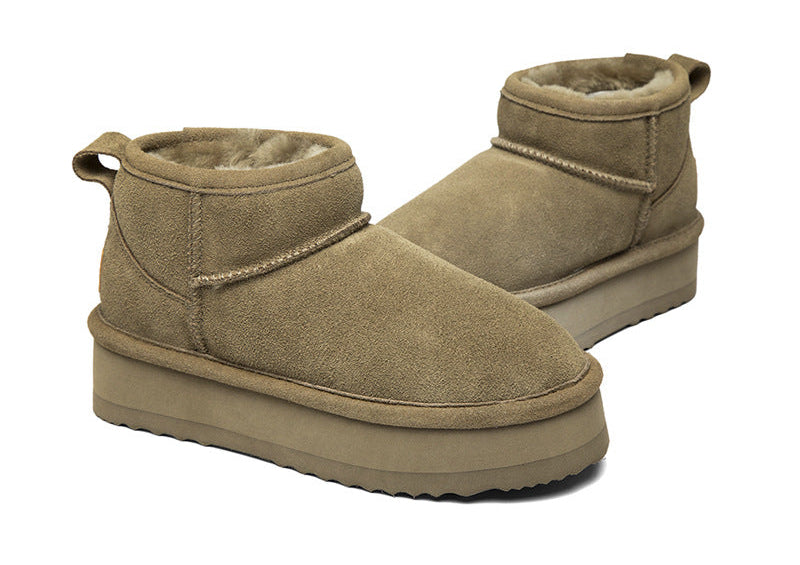 Light beige suede slip-on snow boots with fleece lining and rubber sole