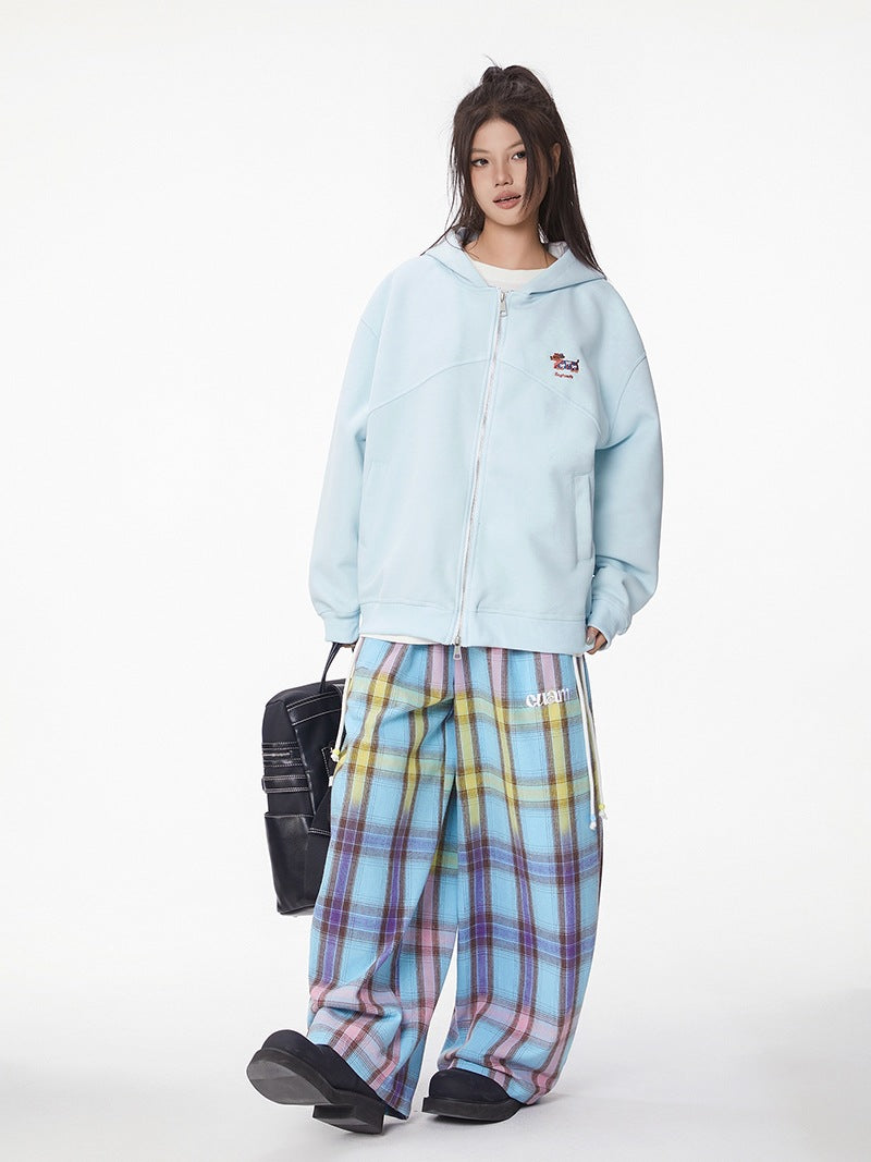 Light blue hooded zip jacket with dachshund chest embroidery, relaxed fit