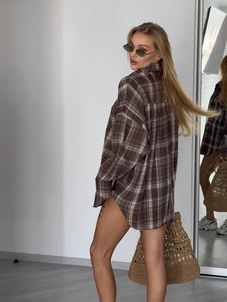 Oversized Flannel Shirt for Women — Plaid Button Front Shacket with Chest Pockets