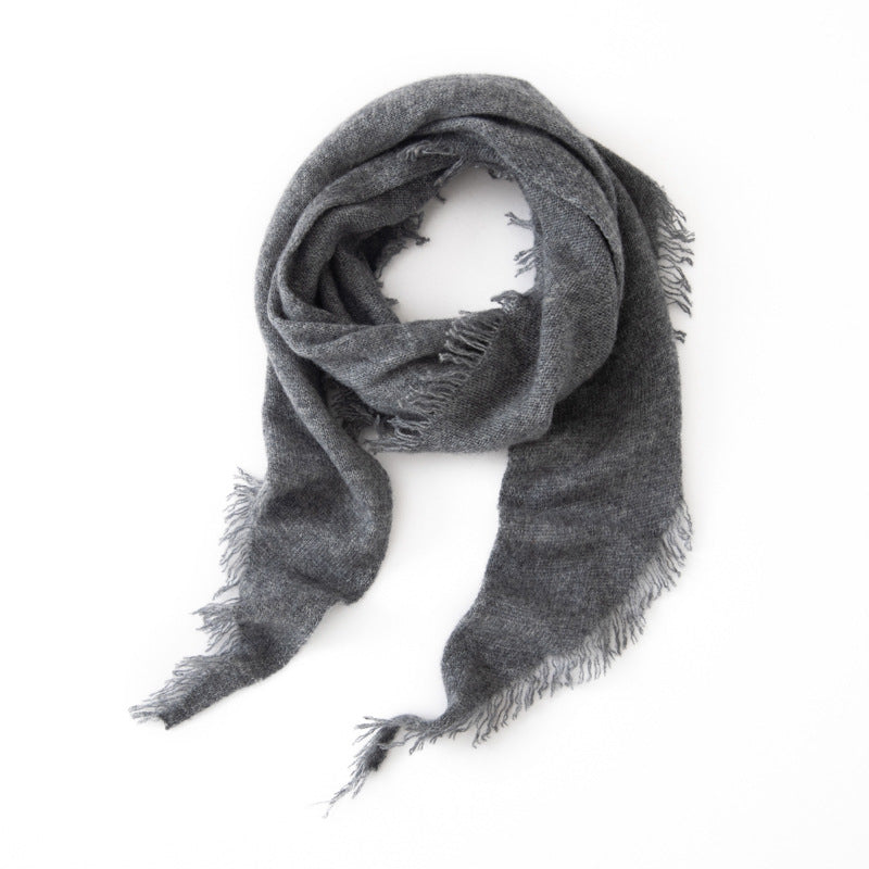 Dark gray cashmere triangle scarf with long fringe tassels