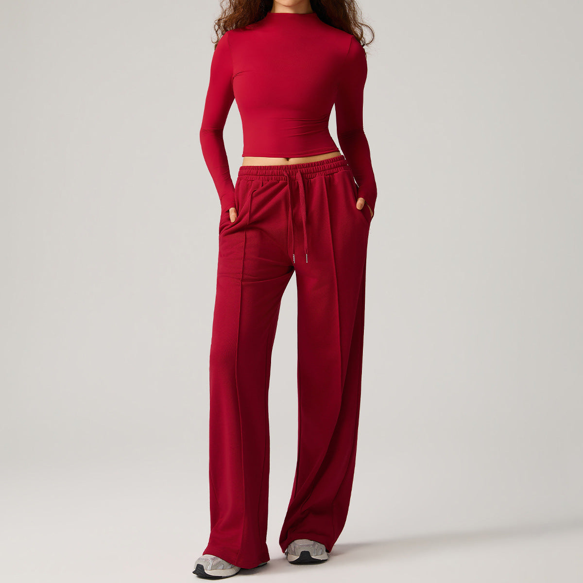 Women’s red high-neck long-sleeve top and wide-leg sweatpants set, drawstring