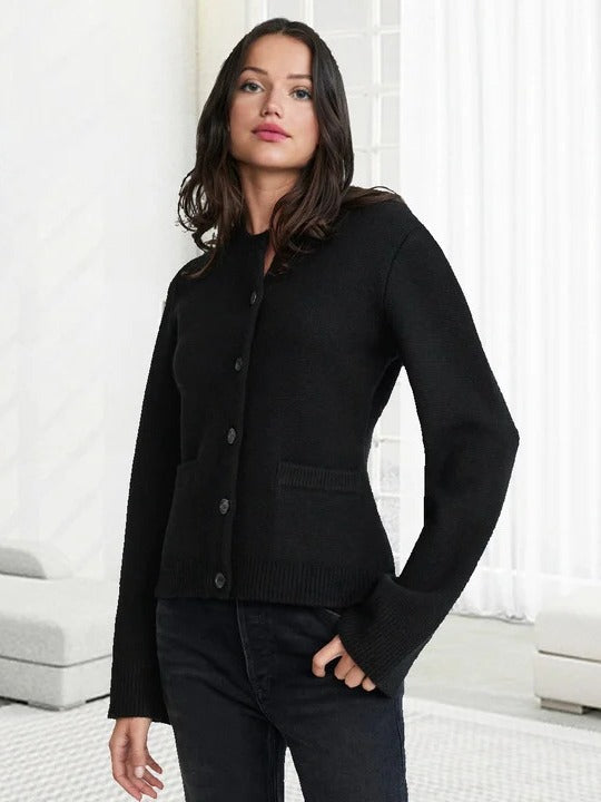 Black cashmere knit cardigan with button front and ribbed cuffs, long sleeves