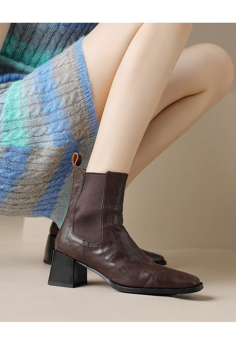 Brown Chelsea ankle boots with elastic sides, square toe, chunky block heel