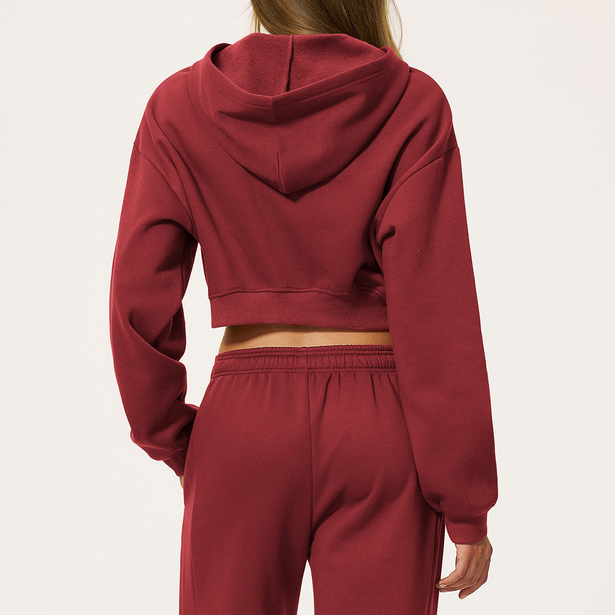 Women’s cropped hooded zip sweatshirt, wine red, long sleeves