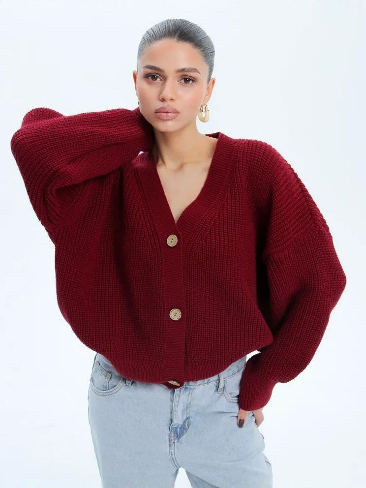 Cropped Cardigan for Women — Chunky Rib Knit with V Neck and Button Front