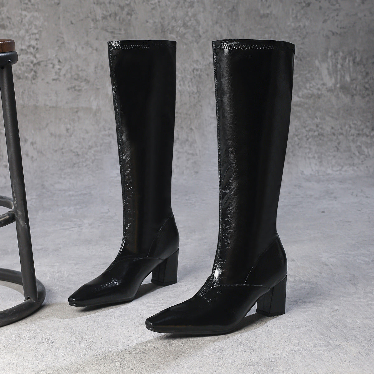 Square Toe Knee High Boots for Women — Patent Block Heel Tall Boots in Faux Leather