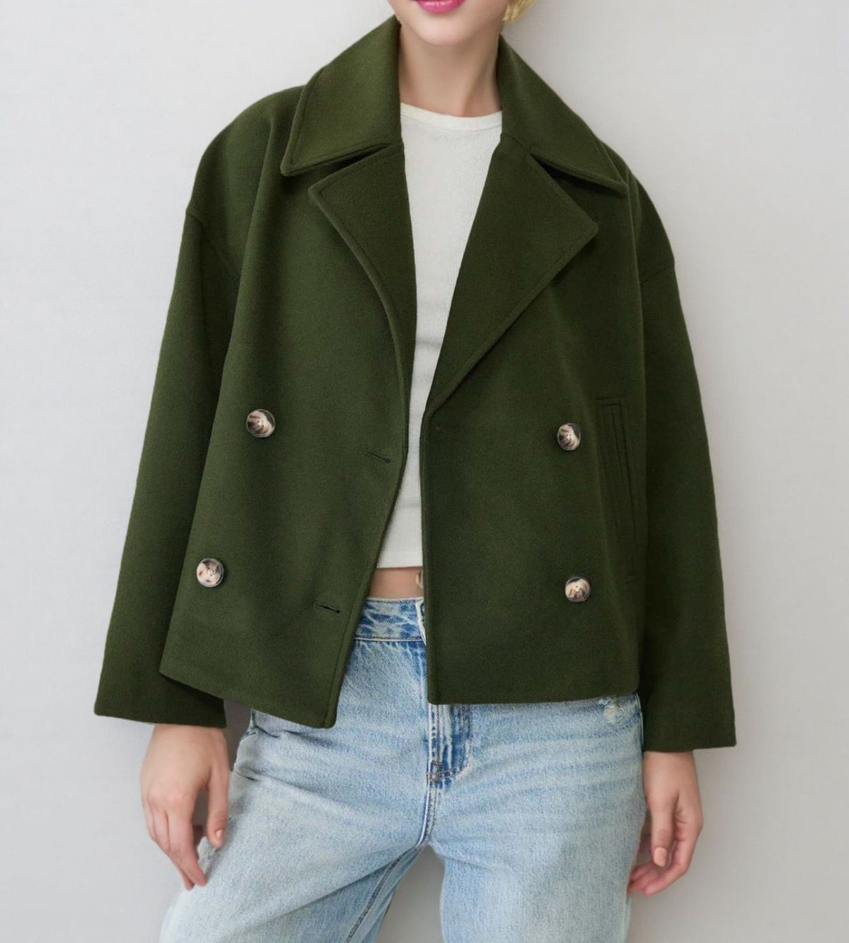 Army green double-breasted short wool jacket with notched lapels and silver buttons