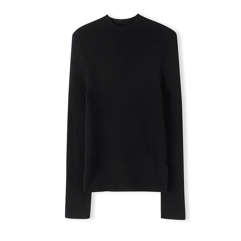 Merino wool turtleneck knit sweater, black, long sleeves, semi-high collar