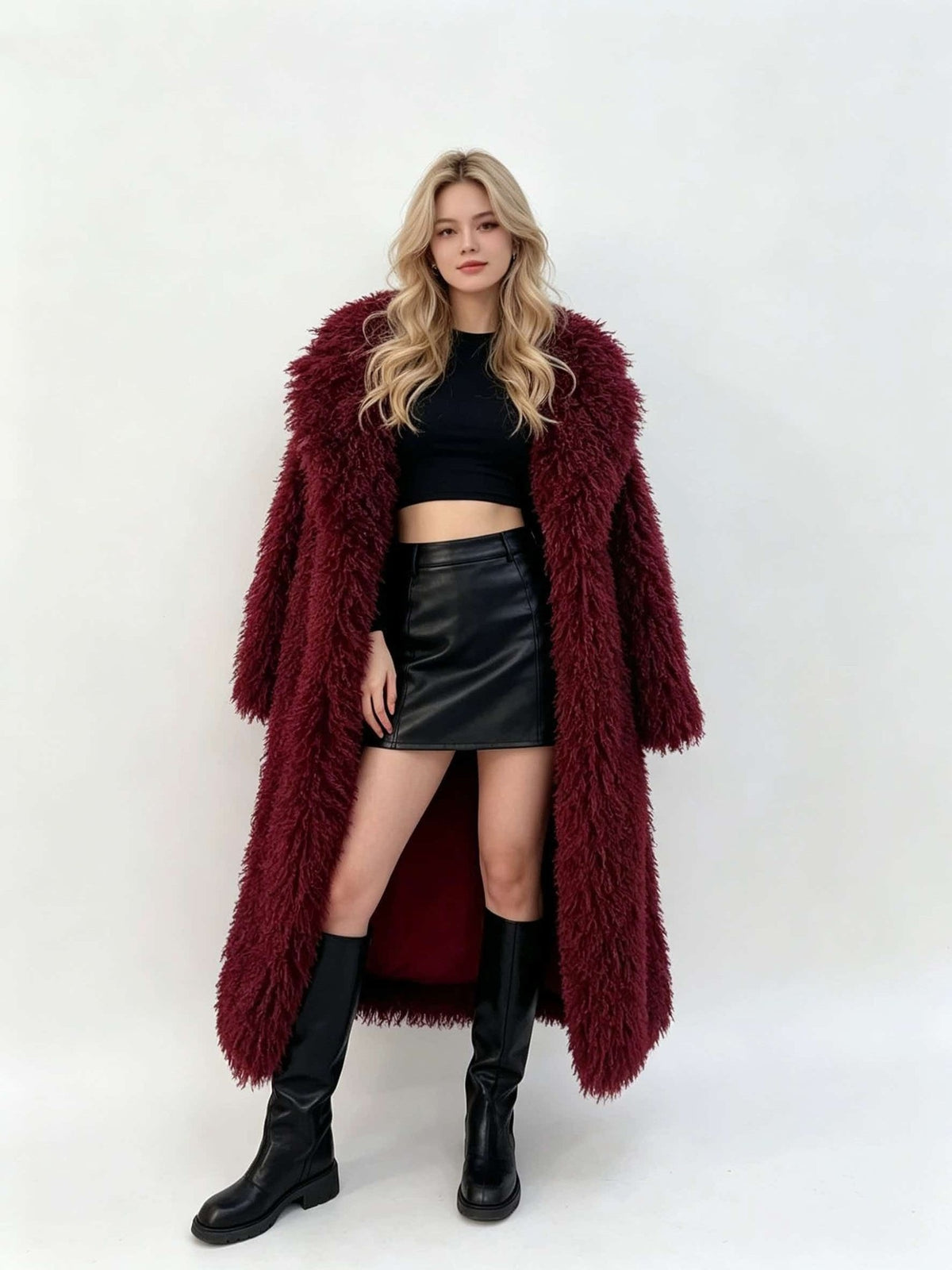 Women’s long faux fur coat, burgundy shaggy texture with open front