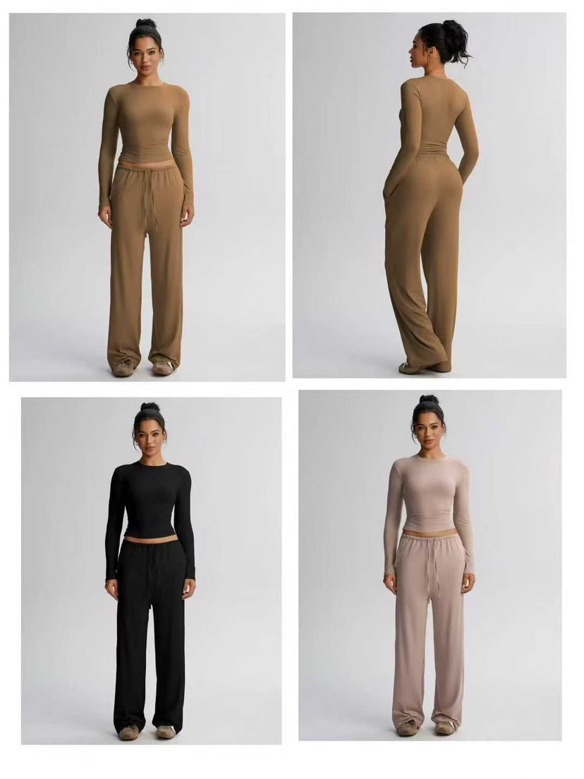 Women's loose wide-leg sweatpants, camel brown, drawstring waist and straight flowy legs