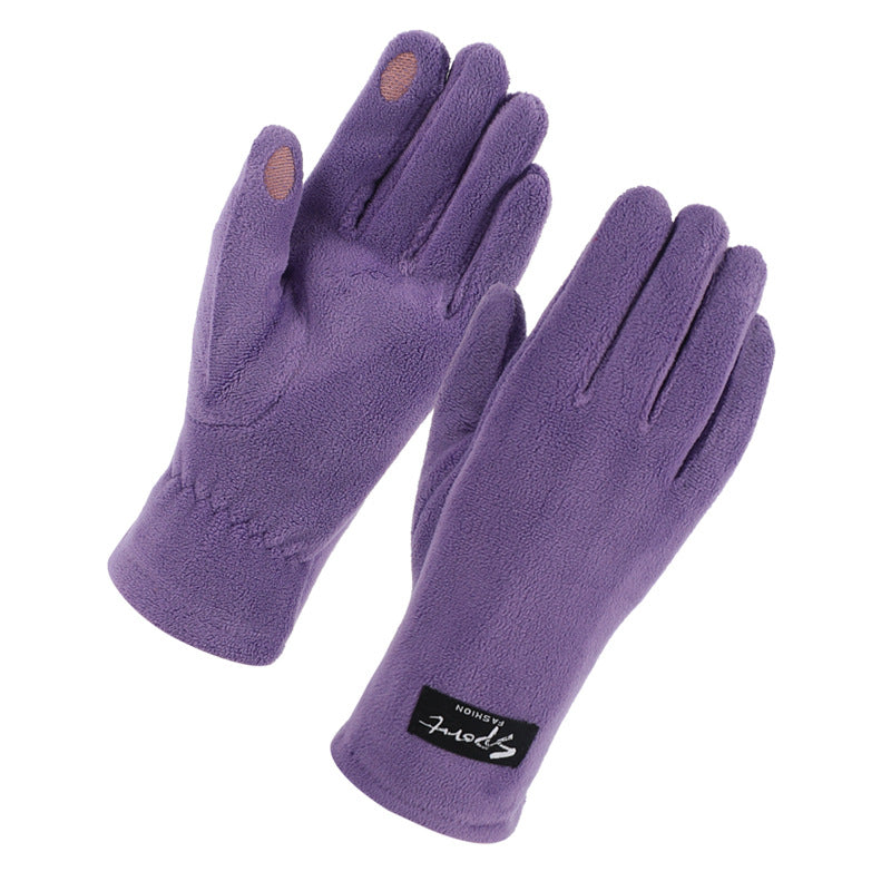 Purple fleece-lined warm gloves with soft knit cuffs, touch-friendly fingertips detail
