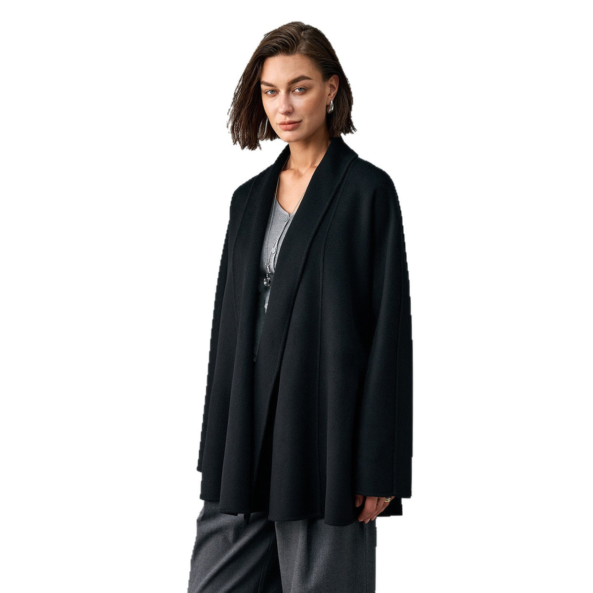 Wool Wrap Coat for Women — Shawl Collar Open Front with a Self Tie Belt