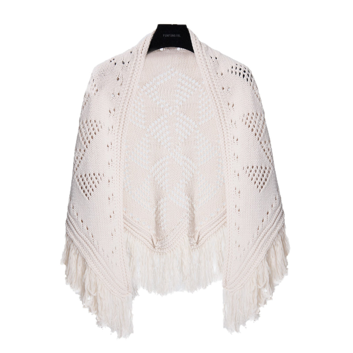 White crochet triangle shawl with hollow diamond pattern and fringe tassels.
