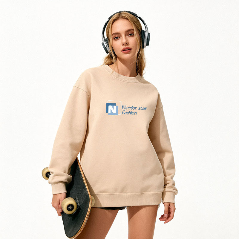 Apricot crew-neck pullover sweatshirt with long sleeves and chest logo print
