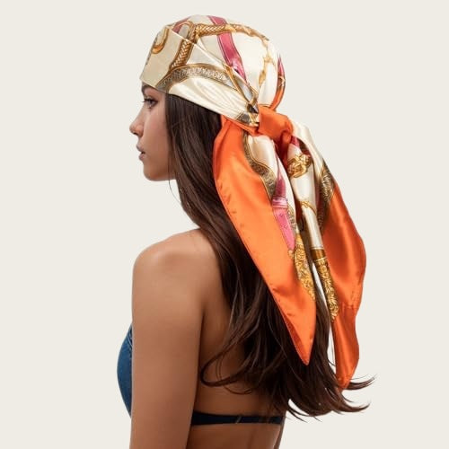 Satin square scarf for head in orange with cream and gold ornate floral print
