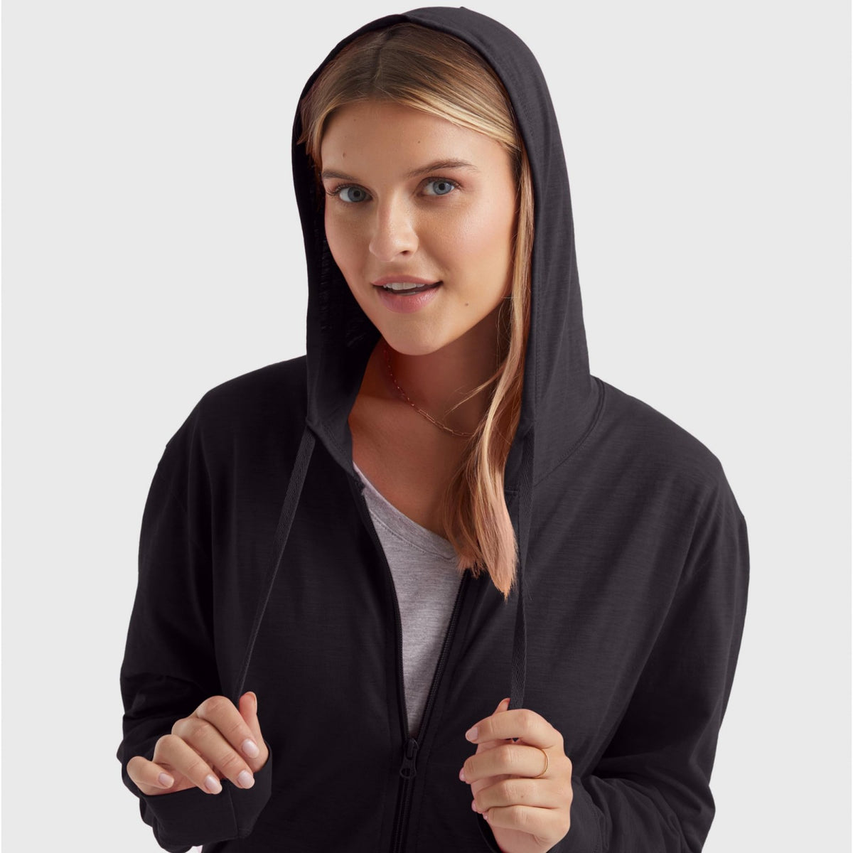 Black plus-size zip-up hoodie sweatshirt with adjustable hood and front zipper