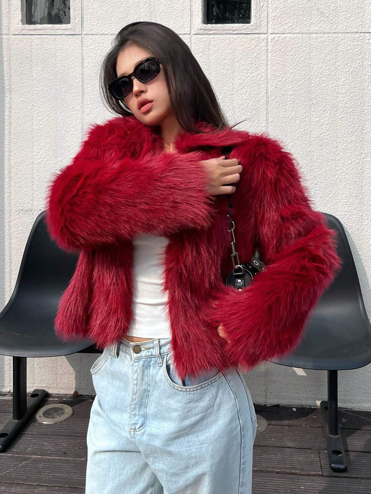 Red fluffy faux fur cropped jacket, oversized sleeves, open front