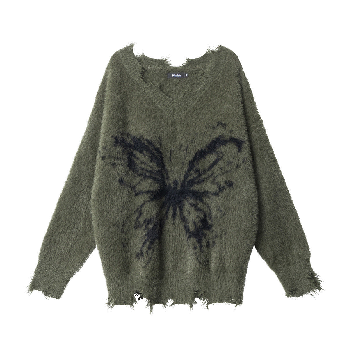 Dark green fuzzy knit pullover sweater with round neck and black butterfly graphic