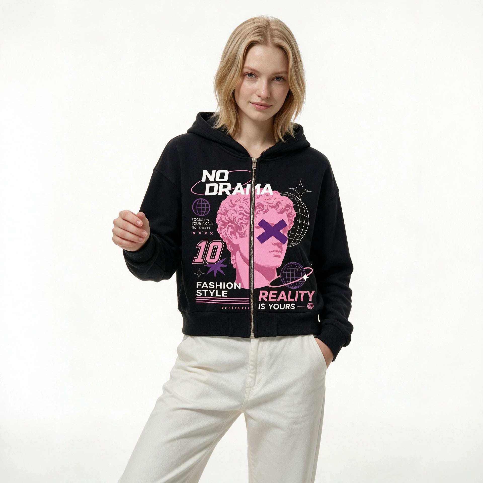 Cropped Zip Up Hoodie for Women — Graphic Streetwear Style in Cotton Fleece