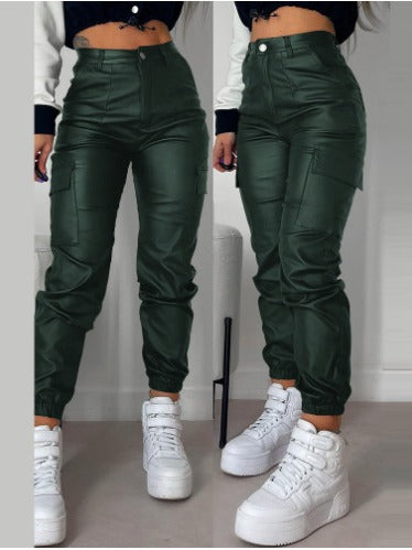 Dark green faux-leather slim-fit biker pants with zipper and pleated patch pockets