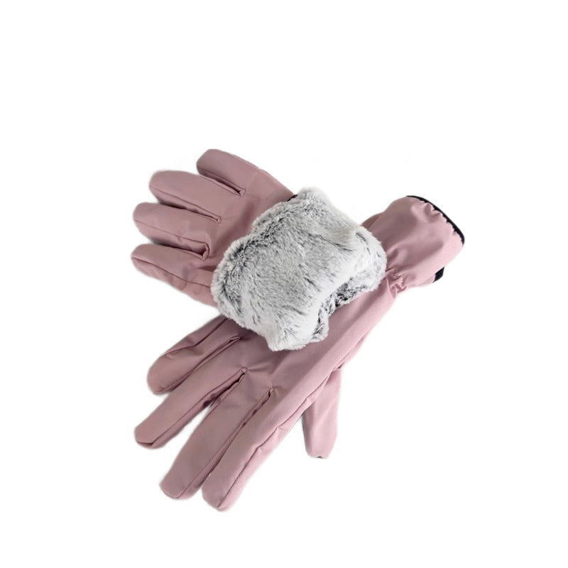 Mauve full-finger winter gloves with fluffy faux-fur cuff lining and soft lining