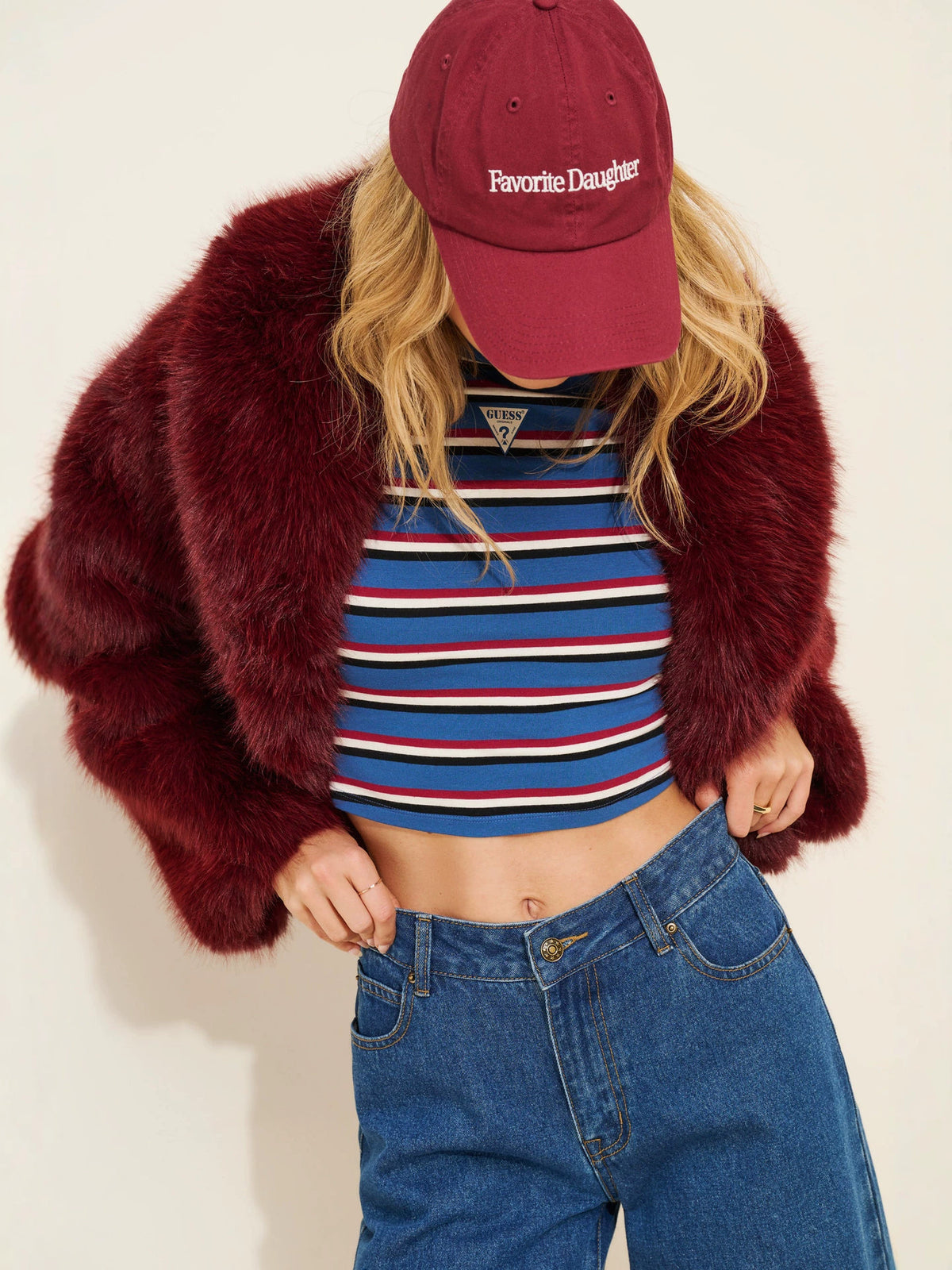 Women's wine red faux fur short coat with shaggy texture and big collar