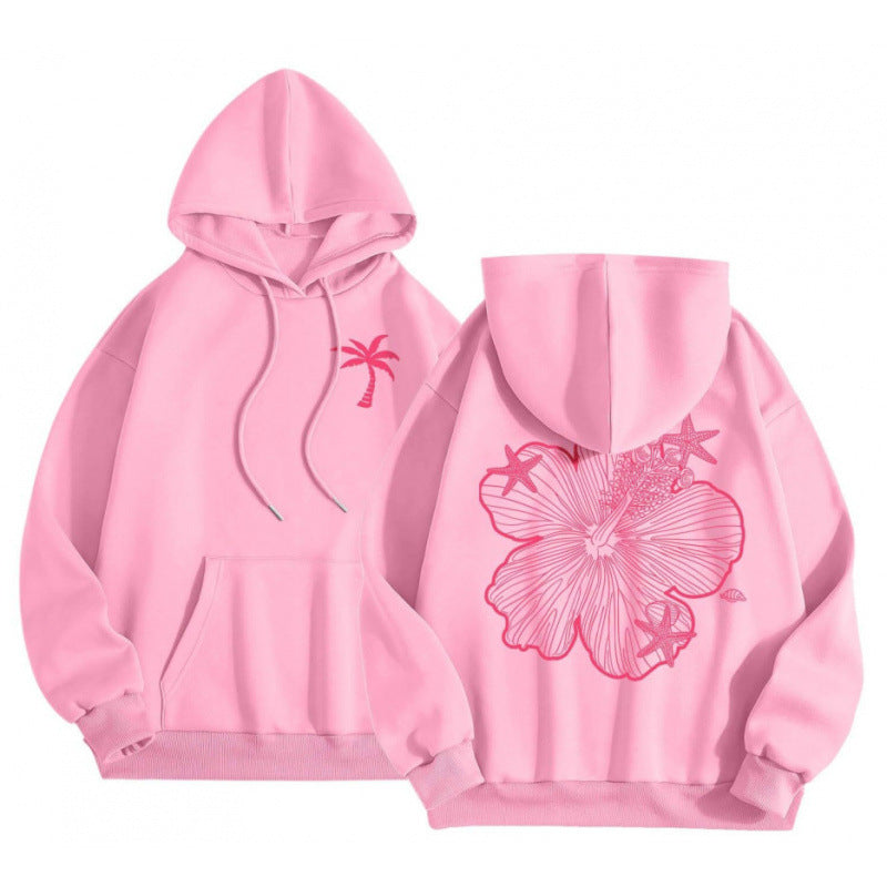 Hibiscus Print Hoodie for Women — Oversized Beach Pullover in Cotton Fleece