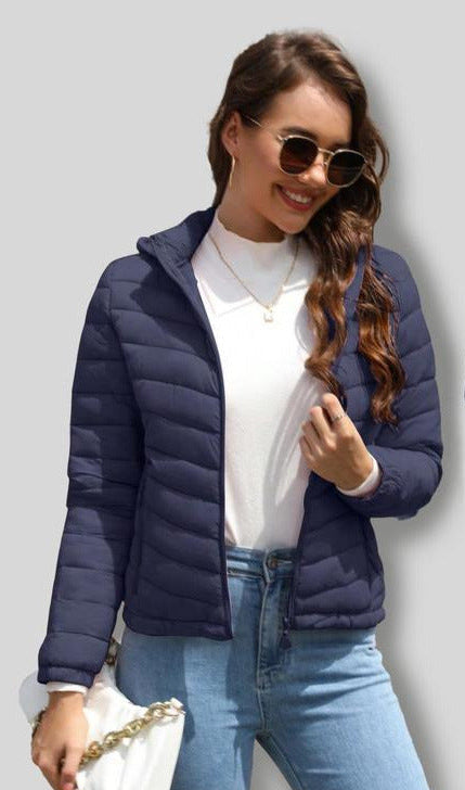 Navy blue hooded quilted puffer jacket with front zipper