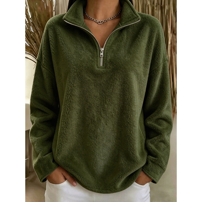 Women's fleece pullover with quarter-zip stand collar, army green