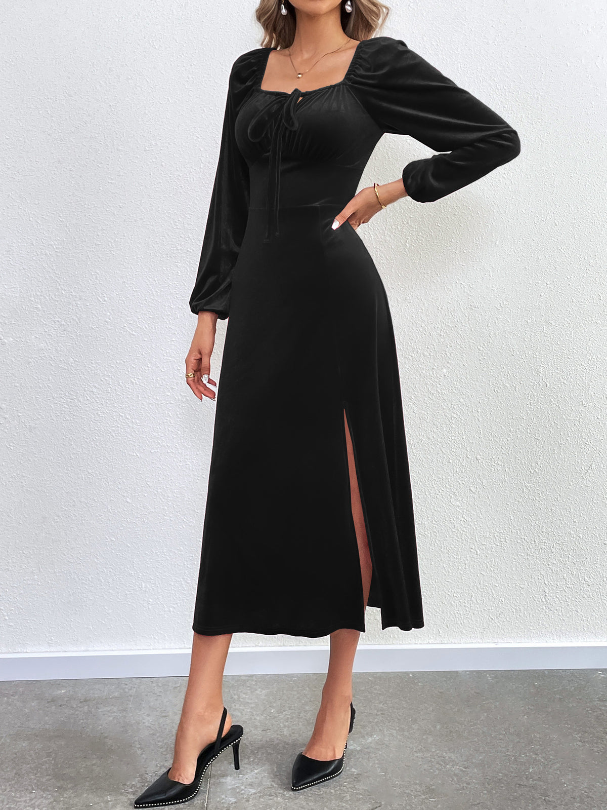 Velvet Midi Dress with Long Lantern Sleeves — Square Neck Cocktail Style with Side Slit