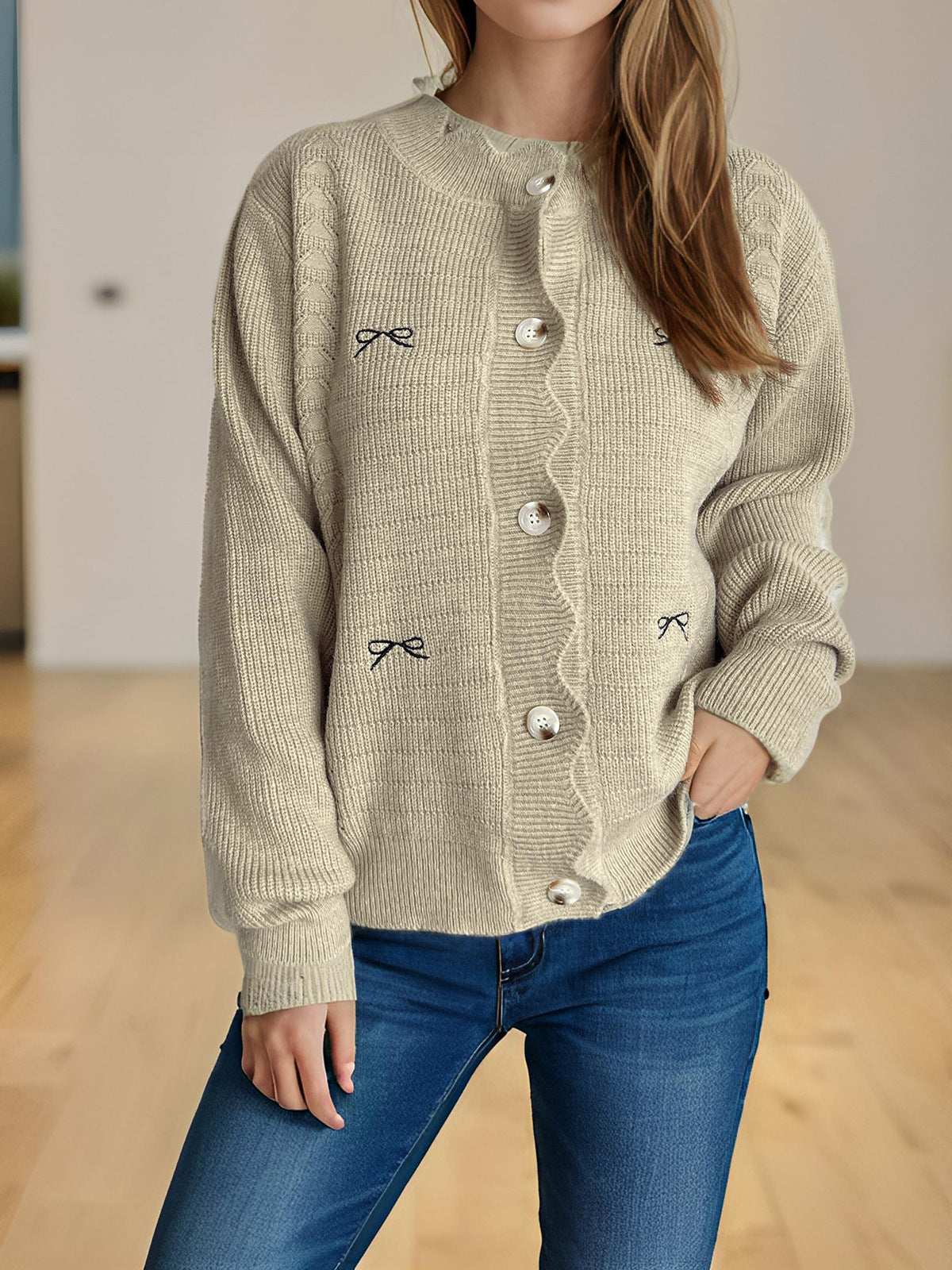 Khaki knit cardigan sweater with bow embroidery, button front, ribbed trim