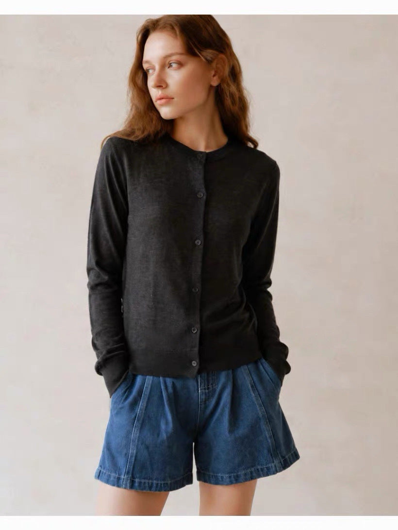 Water-soluble wool blend cardigan, long sleeves, round neck, button-front in dark gray