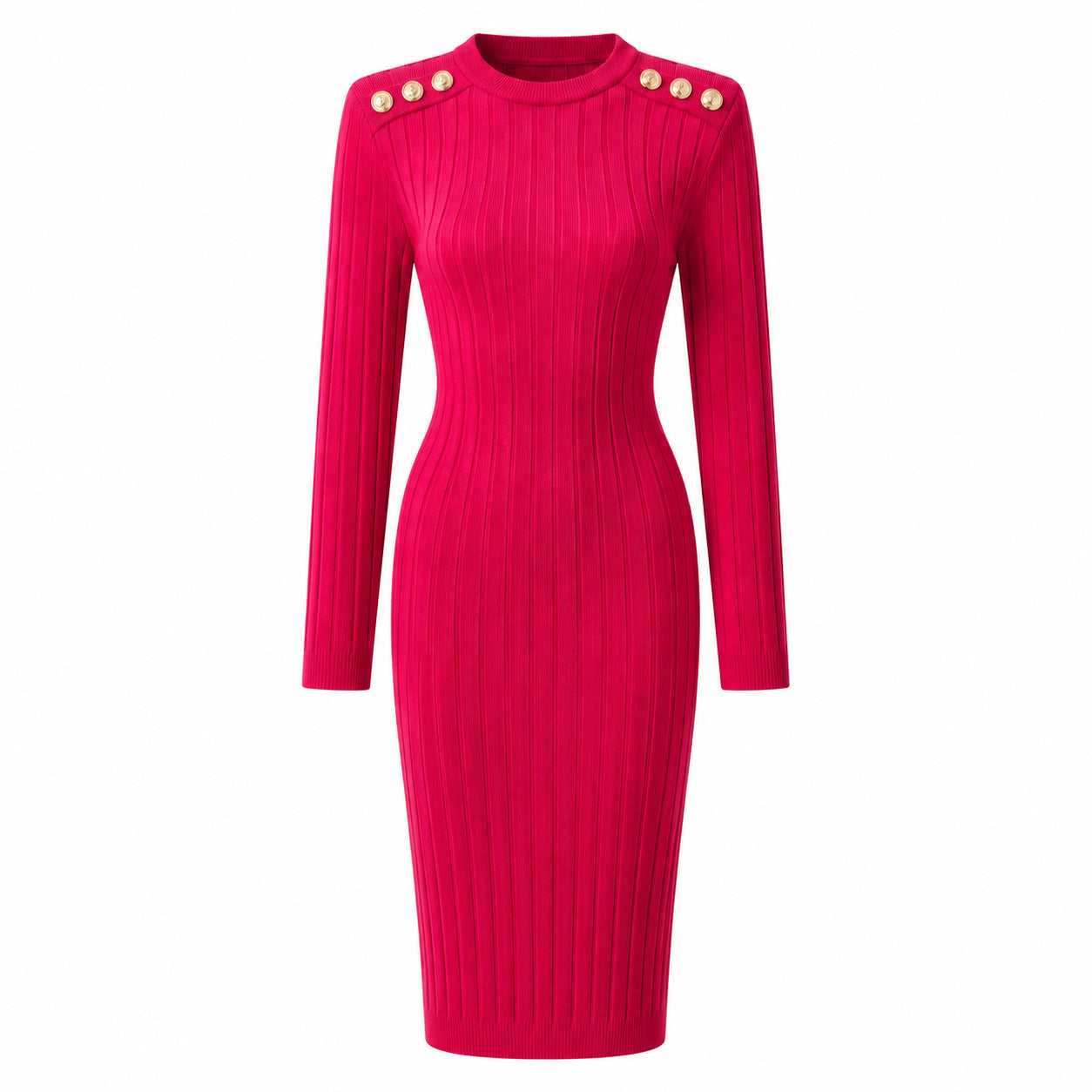 Pink ribbed mock-neck bodycon dress with long sleeves and gold shoulder button accents